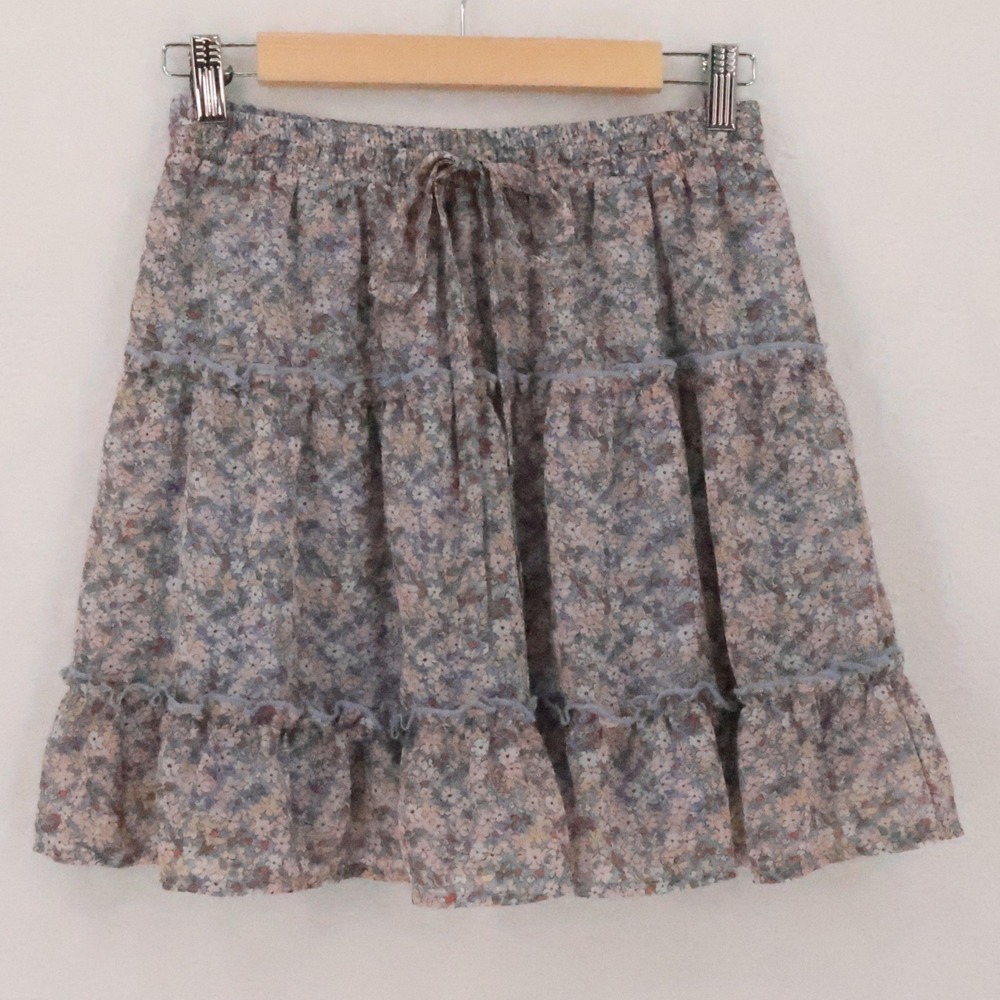 Sienna Sky Floral Tiered Ruffle Mini Skirt Womens Size S Blue Boho Cottage Fairy
